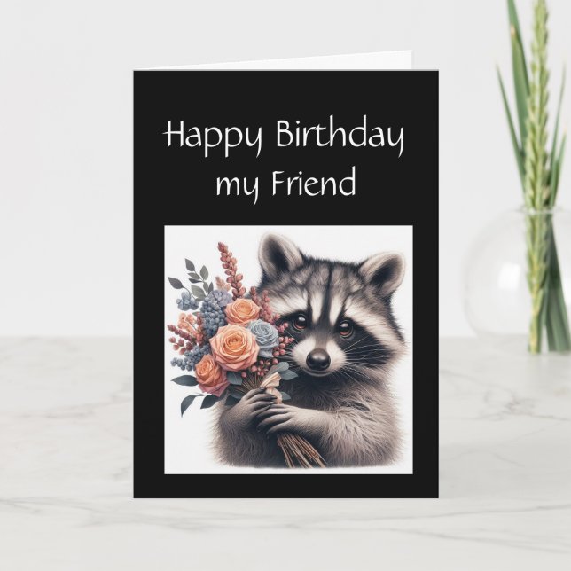 Fun Raccoon Friend Birthday Flowers Card (Front)