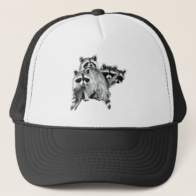 Fun Raccoon Friends Family Animal Watercolor Trucker Hat (Front)