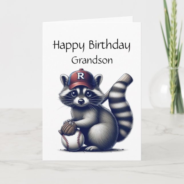 Fun Raccoon Grandson Baseball Birthday Animal Card (Front)