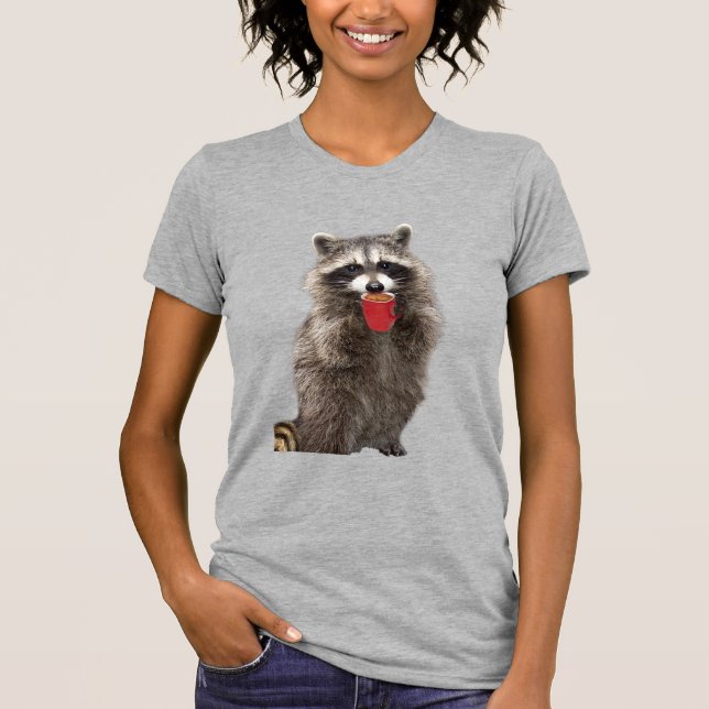 Fun Raccoon Holding Coffee Cup Animal Humor T-Shirt (Front)