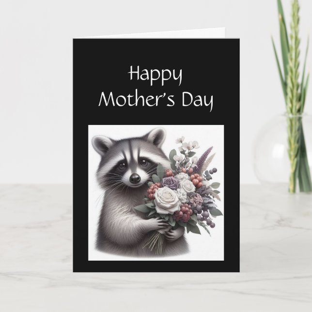 Fun Raccoon Mother's Day Raccoon Flowers Card (Front)