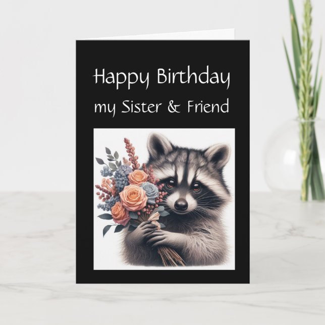 Fun Raccoon Sister Love Birthday Flowers Card (Front)