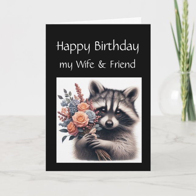 Fun Raccoon Wife Love Birthday Flowers Card (Front)