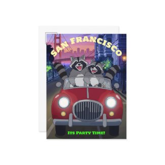 Fun Raccoons in Cabriolet Party Time San Francisco Postcard