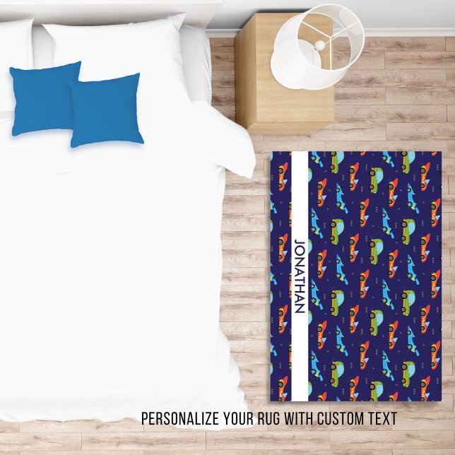 Fun Race Car Pattern Personalized Name Text Rug (Creator Uploaded)