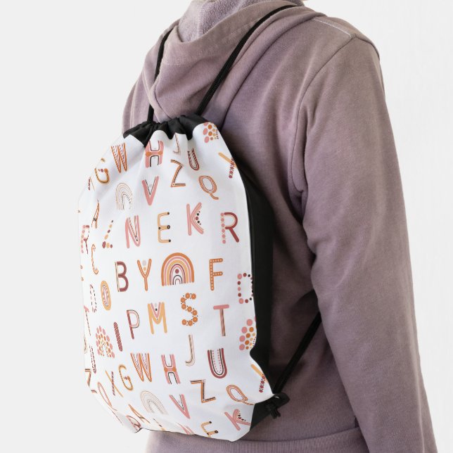 Fun Rainbow Alphabet Pattern Drawstring Bag (Insitu)