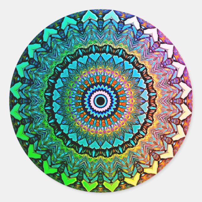 Fun Rainbow and Hearts Mandala Classic Round Sticker (Front)