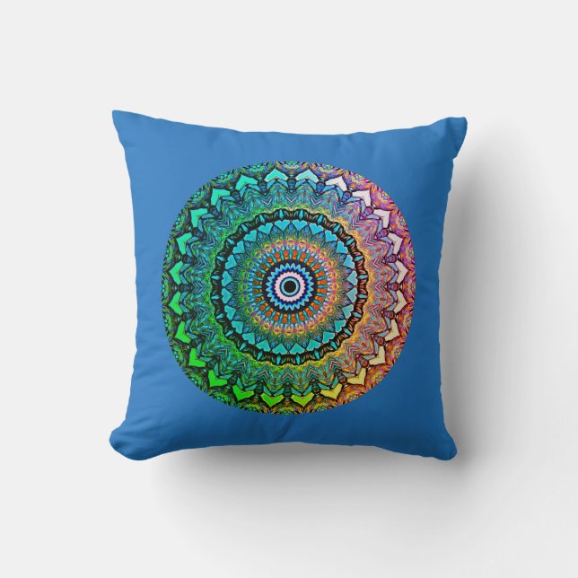 Fun Rainbow and Hearts Mandala on Blue Throw Pillow (Front)