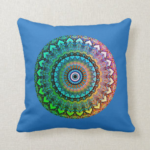 Fun Rainbow and Hearts Mandala on Blue Throw Pillow