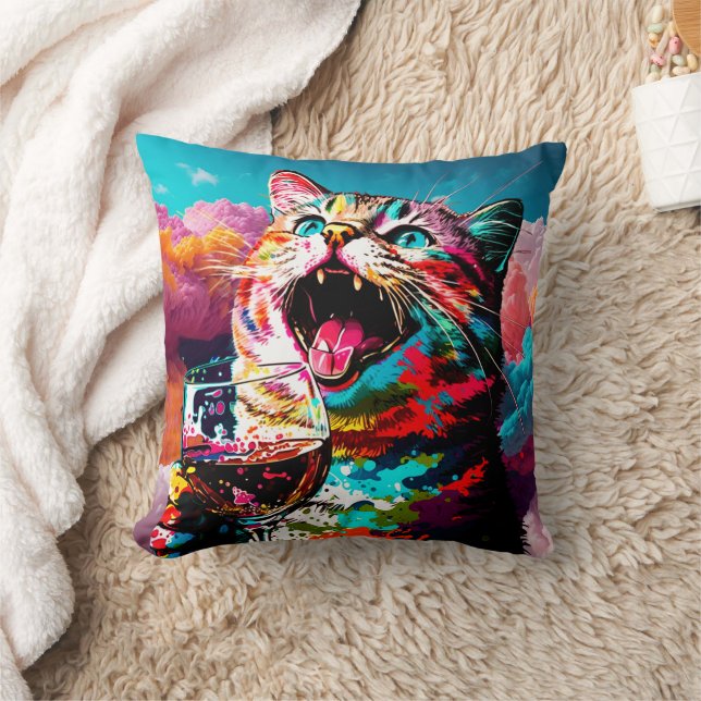 Fun Rainbow Cat and Wine Throw Pillow (Blanket)