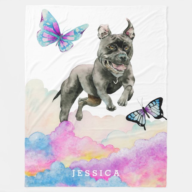 Fun Rainbow Color Pitbull Dog Watercolor Fleece Blanket (Front)