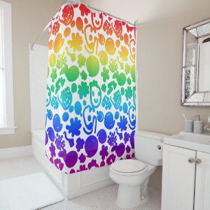 Fun Rainbow colored spirals faces white background Shower Curtain