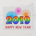 [ Thumbnail: Fun, Rainbow Colors 2019 + "Happy New Year!" Postcard ]