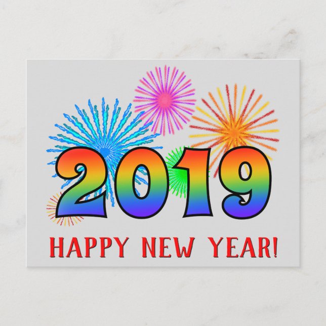 Fun, Rainbow Colors 2019 + "HAPPY NEW YEAR!" Postcard (Front)