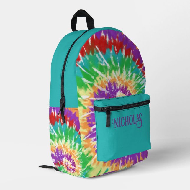 Fun Rainbow Colors Retro Tie Dye Monogrammed Printed Backpack (Back Corner Left)