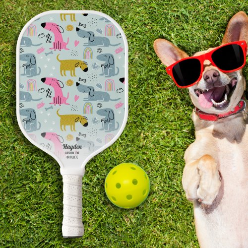 Fun Rainbow Dog Heart Doodles Personalized Text  Pickleball Paddle