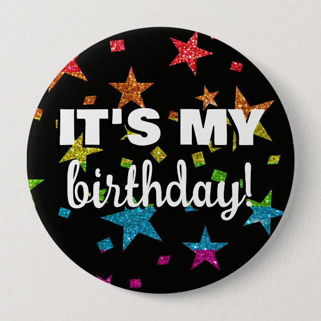 Fun Rainbow Glitter Star Confetti It's My Birthday Button (Front)
