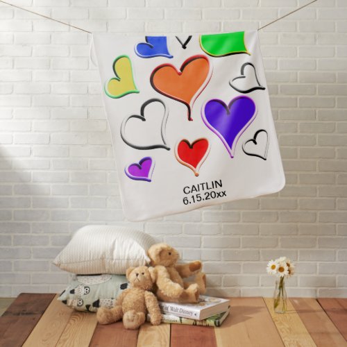 Fun Rainbow Hearts NAME Baby Blanket