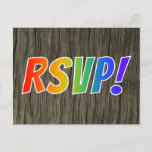 [ Thumbnail: Fun Rainbow Letters "RSVP!" + Faux Wood Look Postcard ]