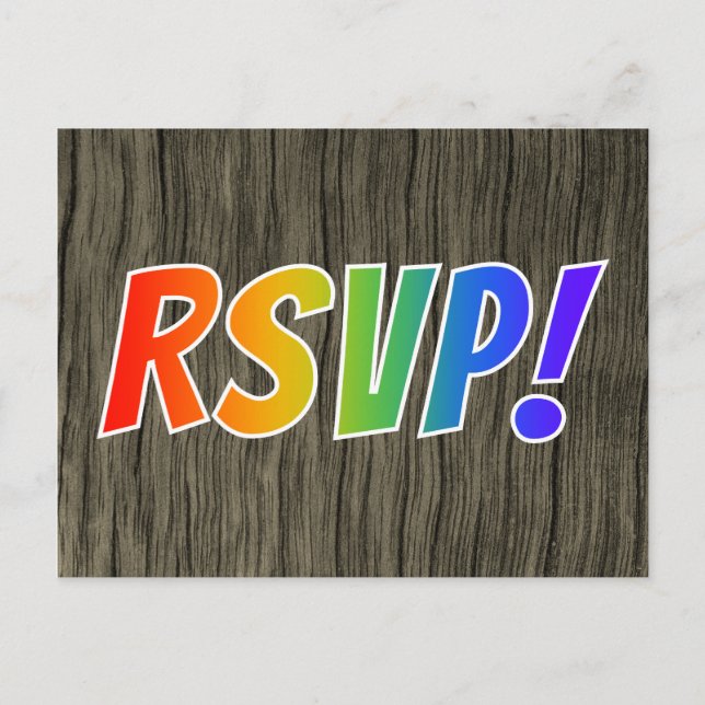 Fun Rainbow Letters "RSVP!" + Faux Wood Look Postcard (Front)