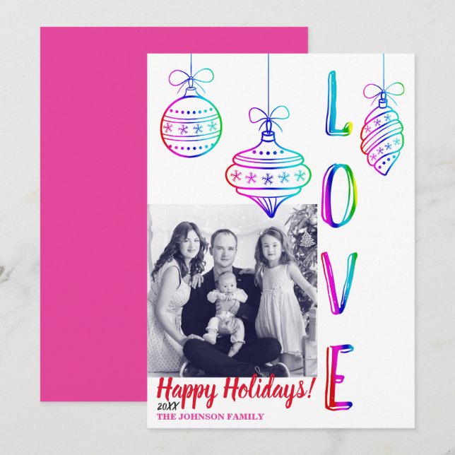 Fun Rainbow LOVE Holiday Ornaments Christmas Photo Invitation (Front/Back)