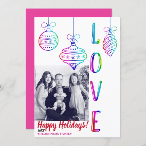 Fun Rainbow LOVE Holiday Ornaments Christmas Photo Invitation