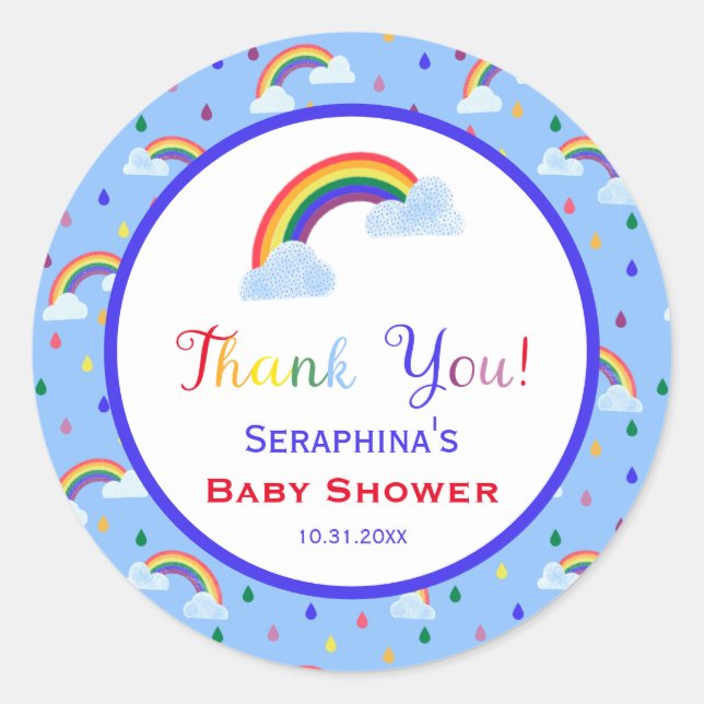 Fun Rainbow Party Baby Shower Thank You Classic Round Sticker (Front)