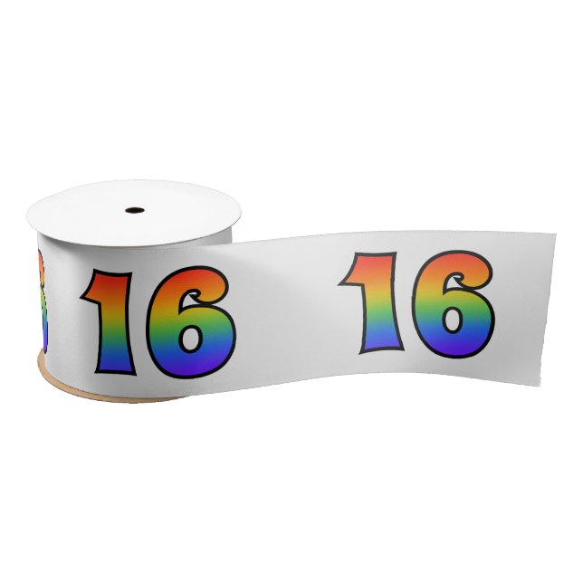 Fun, Rainbow Pattern "16" Event Number (Grey) Satin Ribbon (Spool)