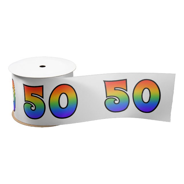 Fun, Rainbow Pattern "50" Event Number (Grey) Satin Ribbon (Spool)