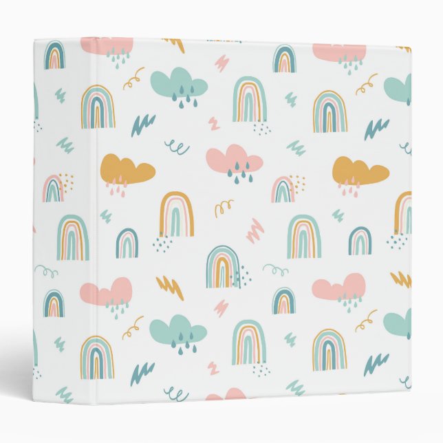 Fun Rainbow & Rain Cloud Pattern 3 Ring Binder (Front/Spine)