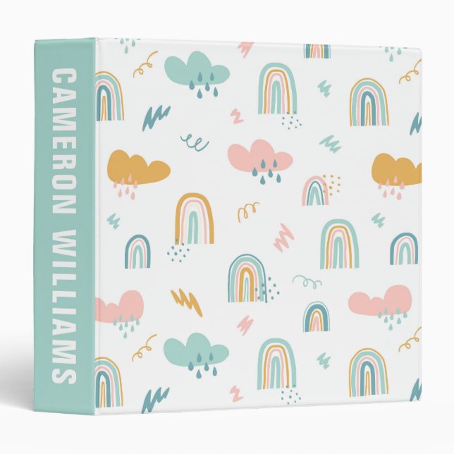 Fun Rainbow & Rain Cloud Pattern 3 Ring Binder (Front/Spine)