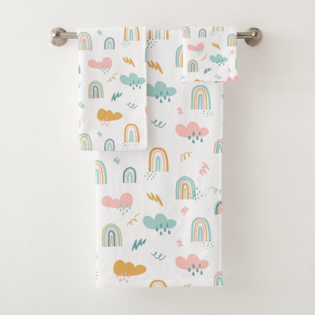 Fun Rainbow & Rain Cloud Pattern Bath Towel Set (Insitu)