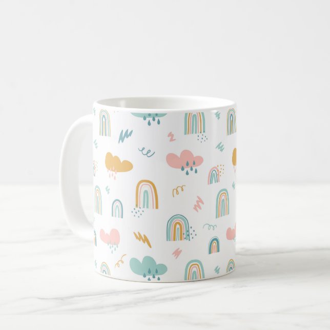 Fun Rainbow & Rain Cloud Pattern Coffee Mug (Front Left)