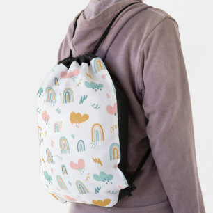 Fun Rainbow & Rain Cloud Pattern Drawstring Bag