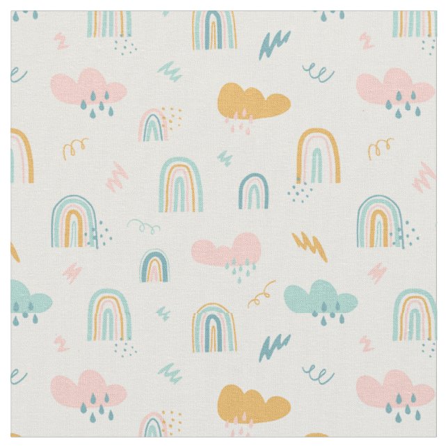 Fun Rainbow & Rain Cloud Pattern Fabric (Close Up)