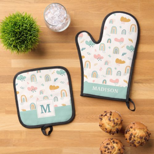 Fun Rainbow  Rain Cloud Pattern Oven Mitt  Pot Holder Set