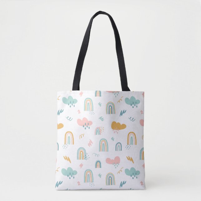Fun Rainbow & Rain Cloud Pattern Tote Bag (Front)
