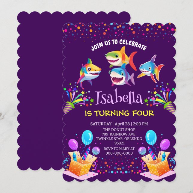 Fun rainbow shark  balloon birthday party boy invitation (Front/Back)