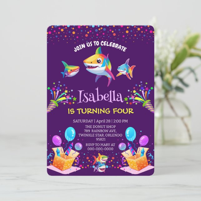Fun rainbow shark  balloon birthday party Family  Invitation (Standing Front)