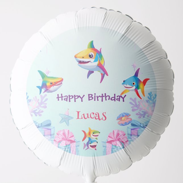 Fun rainbow shark birthday balloon party Family  (Front)