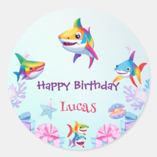 Fun rainbow shark birthday balloon party Family  Classic Round Sticker
