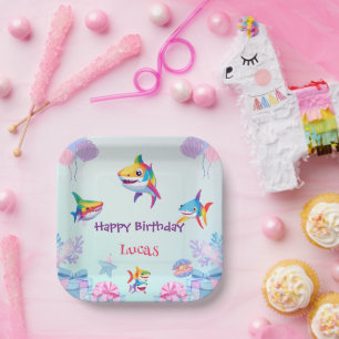 Fun rainbow shark birthday balloon party Family  Paper Plates