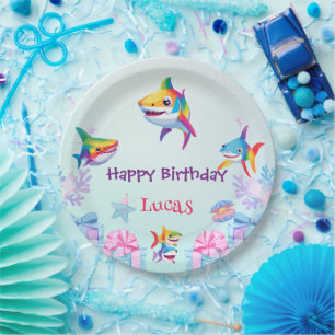 Fun rainbow shark birthday balloon party Family  Paper Plates