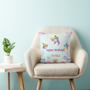 Fun rainbow shark birthday balloon party Family Throw Pillow