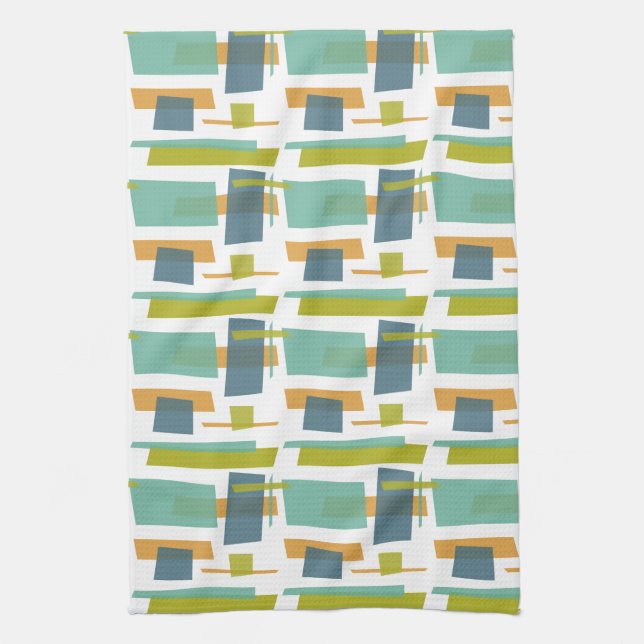 Fun Rectangles Pattern Green Orange Blue Retro Kitchen Towel (Vertical)