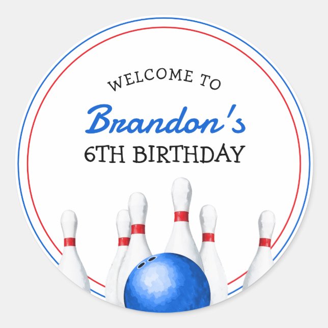 Fun Red and Blue Bowling Kids Birthday Classic Round Sticker (Front)
