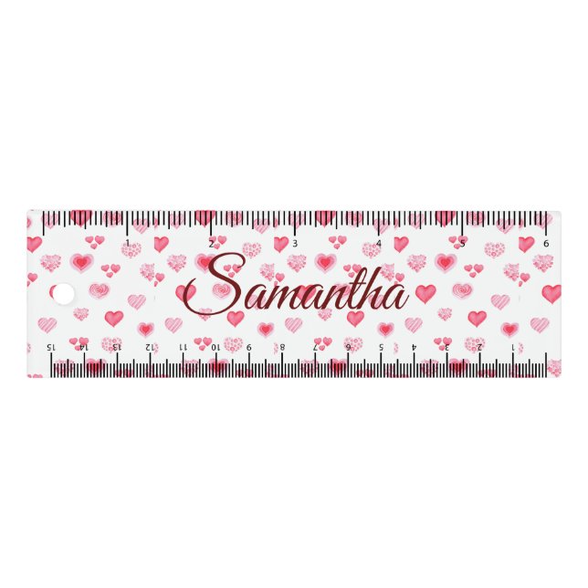 Fun Red and Pink Hearts, editable name Ruler (Front)