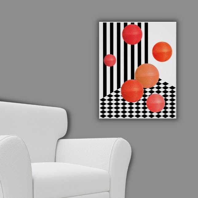 Fun Red Ball Custom Collage White Stripes Diamonds Acrylic Print (Red Bouncing Balls in Black and White Space)