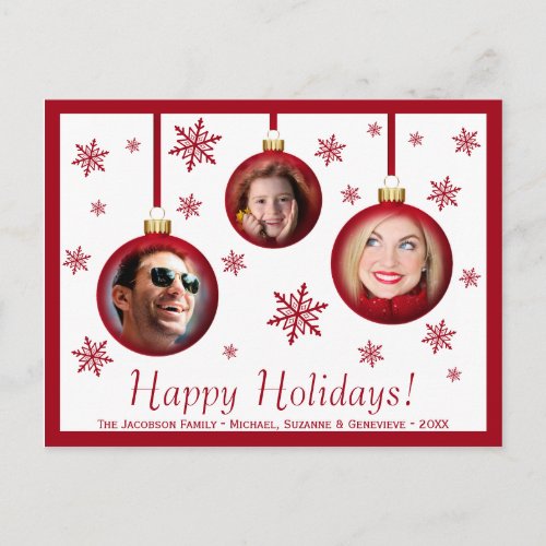 Fun Red Baubles  Snowflakes 3 Photo Holiday Postcard