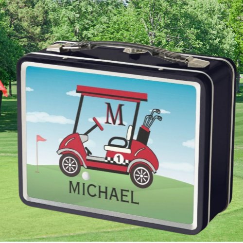 Fun Red  Black Golf Cart Name Monogram  Metal Lunch Box